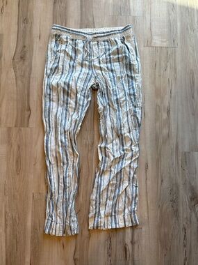 Striped Blue and White Linen-Blend Pants